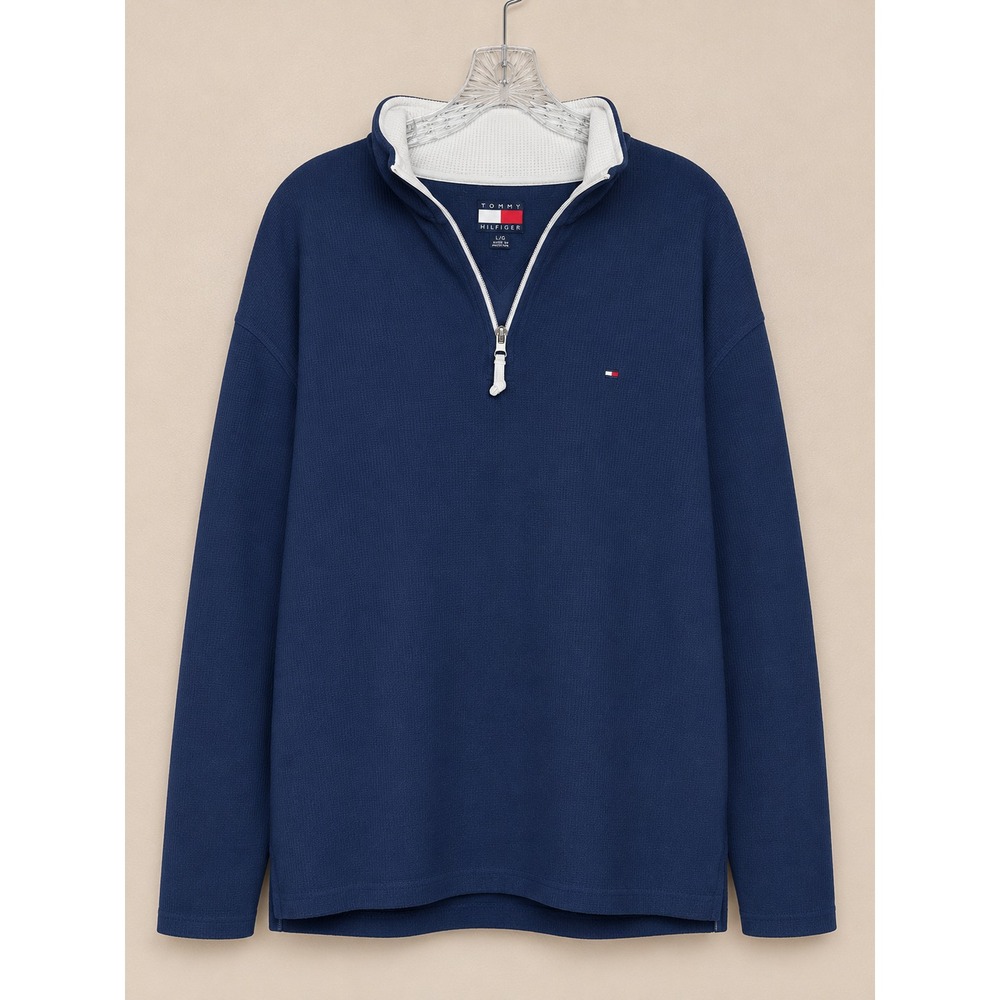VTG Tommy Hilfiger Mens XL Blue 1/4 Zip Fleece Pullover Sweater 2005 Y2K Preppy